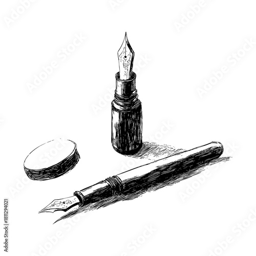Detailed ink pen and cap illustration with elegant design