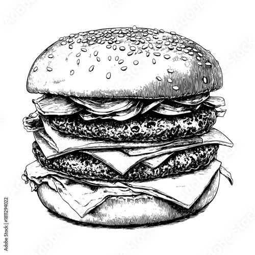 Detailed illustration of a stacked hamburger with sesame seed bun