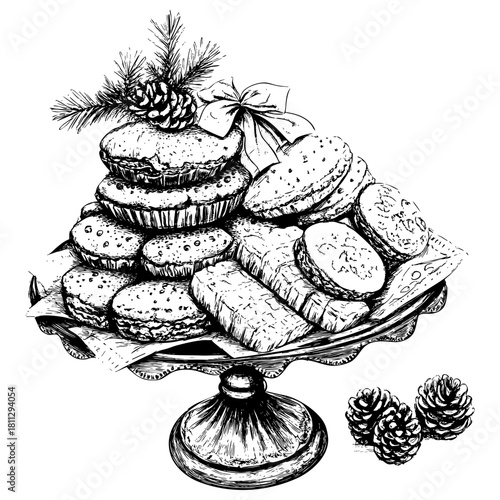 Festive assortment of cookies displayed on a pedestal tray