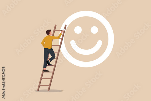 Man on ladder painting a large white smiley face on beige wall