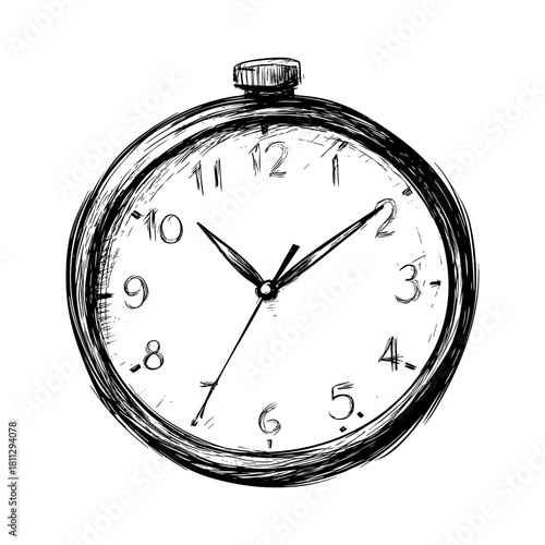 Hand-drawn black and white analog clock with numbers and hands