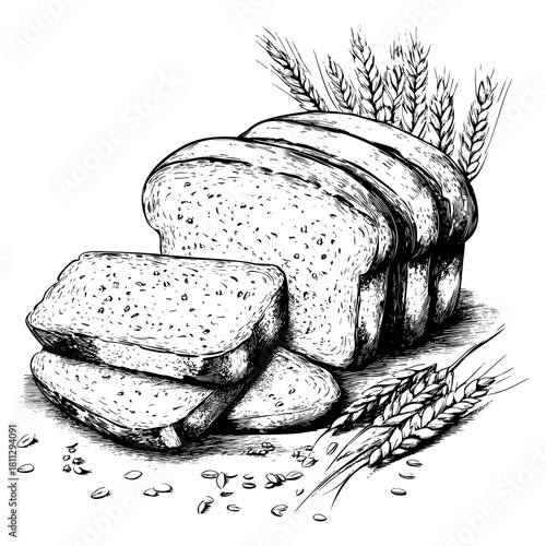 Freshly sliced bread with wheat and grains scattered around