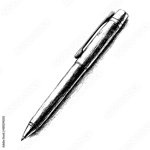 Realistic black and white sketch of a silver pen