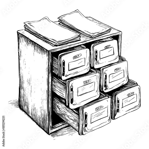 Illustrated wooden filing cabinet with labeled drawers and papers