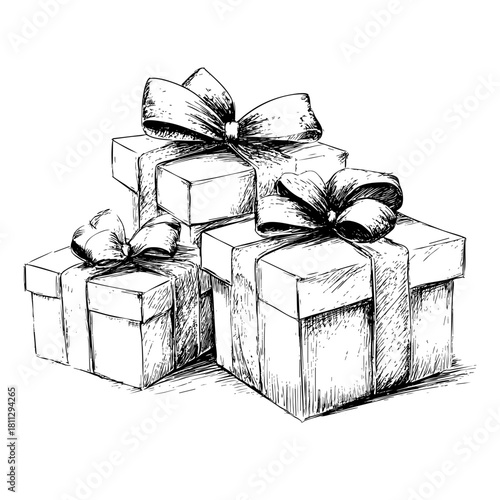 Sketch of three stacked gift boxes with bows on top