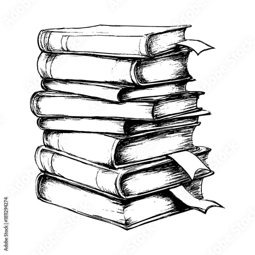 Stack of hand-drawn books with pages and bookmarks visible