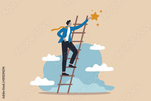 Ambitious businessman climbing ladder to reach golden star in sky
