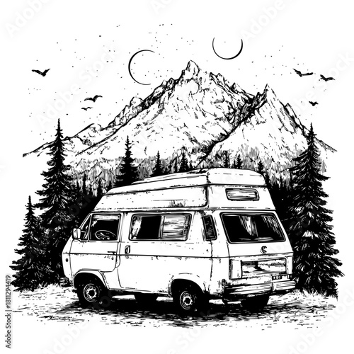 Vintage camper van parked in a mountainous forest landscape