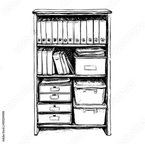 Wooden shelf filled with organized binders and storage boxes