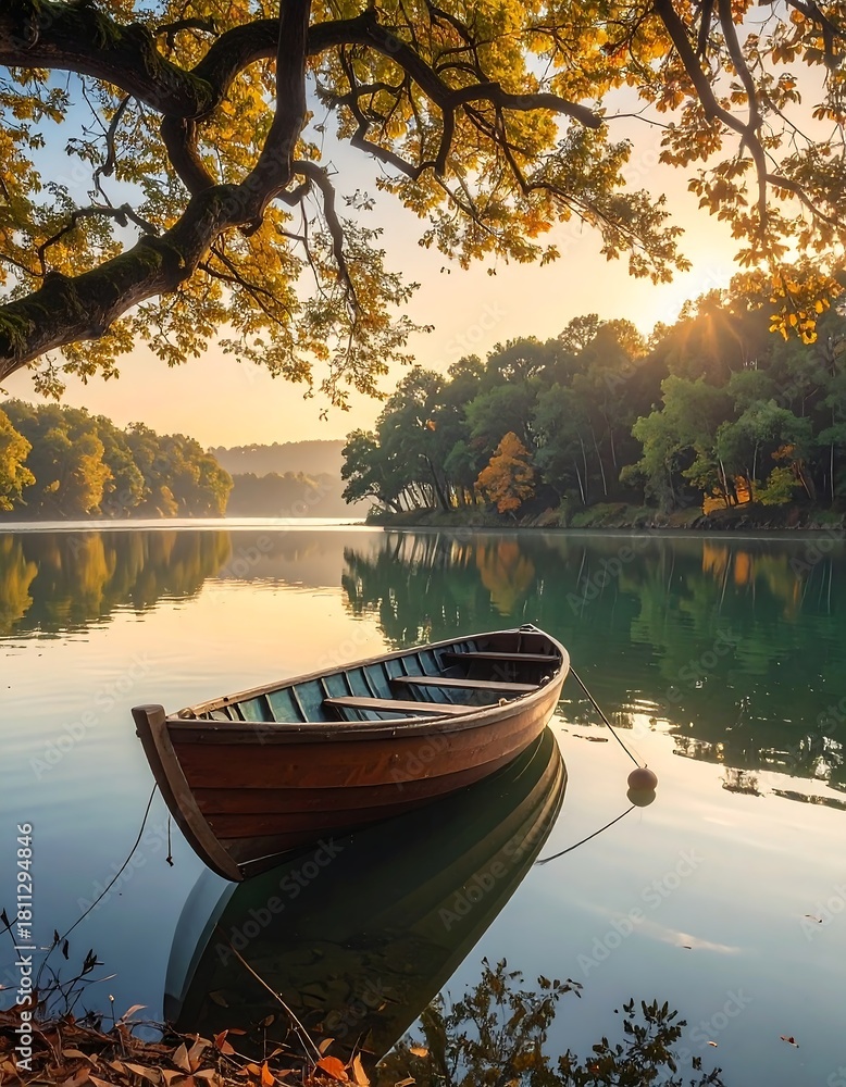 Fototapeta premium Tranquil boat rests on calm water beneath autumn tree branches.