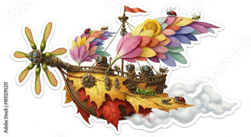 An imaginative flying machine crafted from a giant maple leaf, flower petal wings, and a maple seed propeller, crewed by tiny insects. Ideal for stickers, children's books, and fantasy designs.