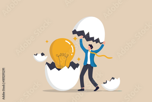Businessman emerges from egg with bright lightbulb, new idea