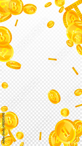 Bitcoin coins falling. Cryptocurrency scattered
