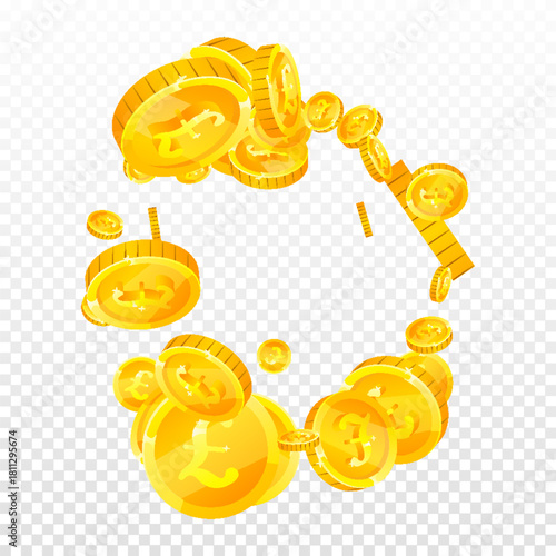 British pound coins falling. Scattered gold GBP