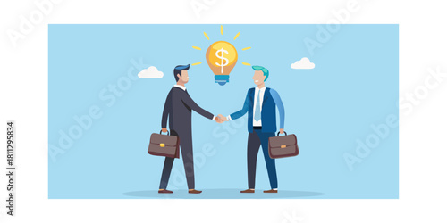 Business deal two businessmen shake hands under a bright idea lightbulb
