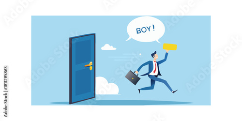 Excited businessman running through doorway announcing a new baby boy