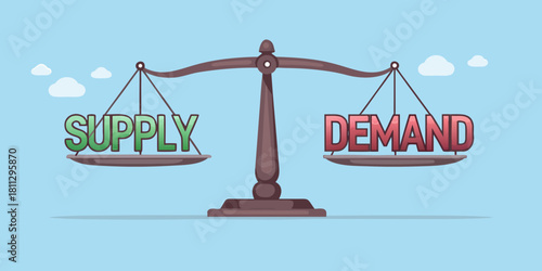 Supply and demand balance on scales economics concept illustration