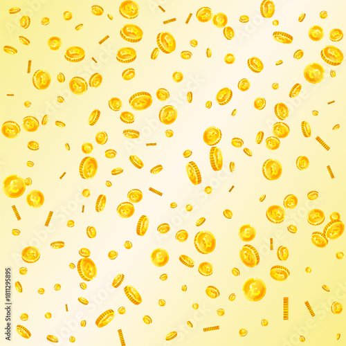 British pound coins falling. Scattered gold GBP