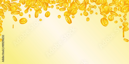 American dollar coins falling. Scattered gold USD