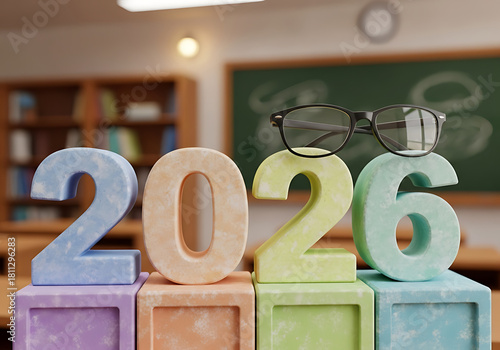 Exciting classroom scene with 2026 in colorful blocks and glasses, envisioning the future with education, learning, and school life concepts