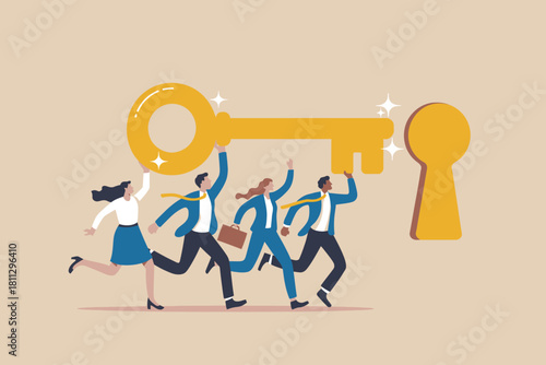 Business team running to unlock success with giant golden key