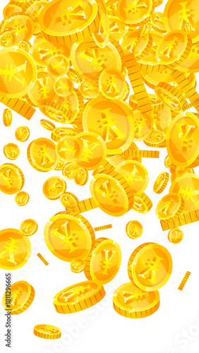 Chinese yuan coins falling. Scattered gold CNY