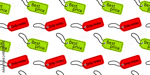 Colorful discount tags with messages about best prices and limited time offers for promotions
