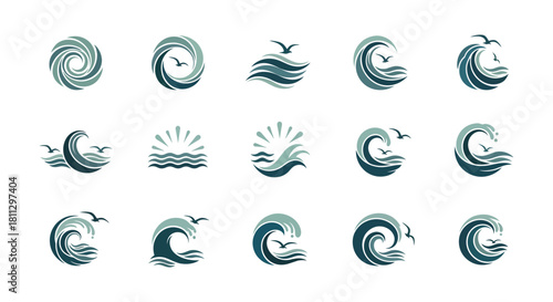 A conceptual collection of stylized ocean wave and sea storm symbols for logos