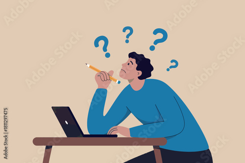 Pensive man with laptop and pencil thinking, question marks