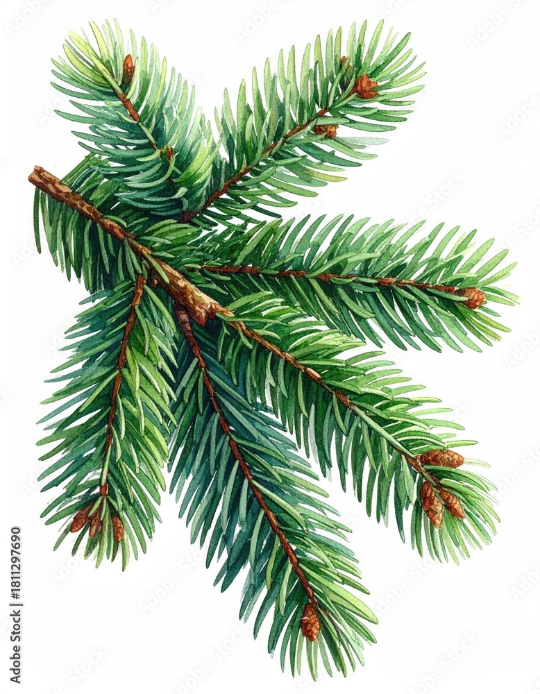 Fototapeta premium Evergreen branch with tiny cones on white background