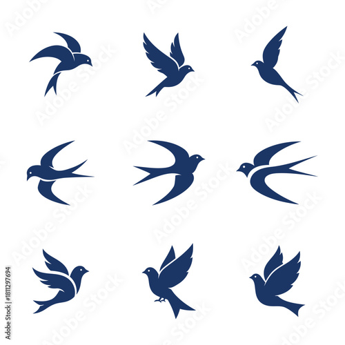 Collection of graceful bird silhouettes in dynamic flight poses, ideal for design elements and freedom concepts representing movement and nature