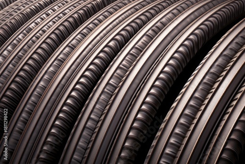 close-up steel cable pipes with spiral texture arranged in coiled rows for industrial use