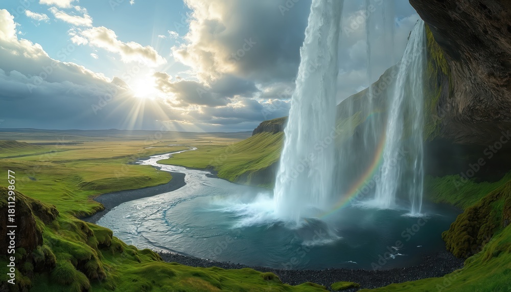 Naklejka premium Dramatic Icelandic waterfall displays brilliant rainbow against cloudy sky. Water cascades down mossy rocks into serene green valley. Sunlight beams through clouds creating magical atmosphere in