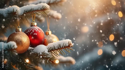 Snowy Christmas background with ornaments resting on pine branches, light snowfall, soft warm lighting, gentle loop