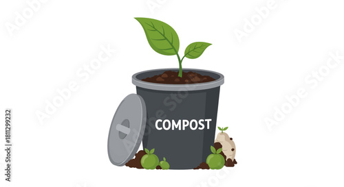 Concept of sustainable living with a compost bin turning organic waste into nutrient-rich soil for a new plant to grow, isolated on a white background