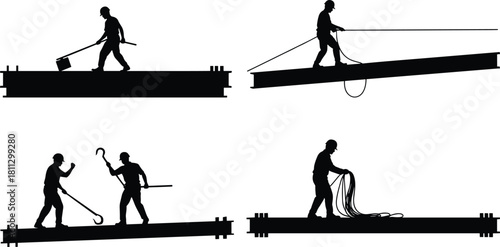 Black Silhouette Ironworkers and Riggers Working at Heights on Steel Beams, Tying Ropes, Moving Equipment, and Constructing a Building Structure Vector