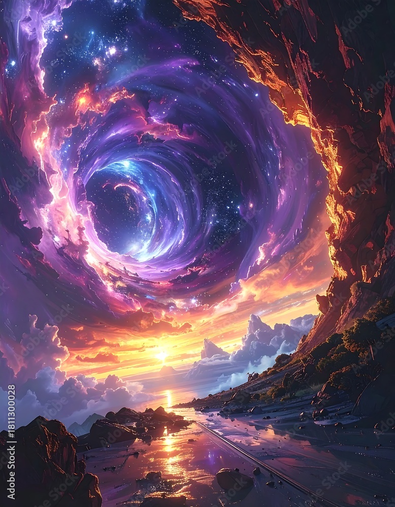 Fototapeta premium Swirling nebula surrounds a serene sunset over a reflective water body.