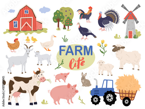 Set of farm life elements. Vector illustrations of cow, pig, goat, sheep, chicken, turkey, rooster, rabbit, tractor, mill and barn. Country life theme for children's design.