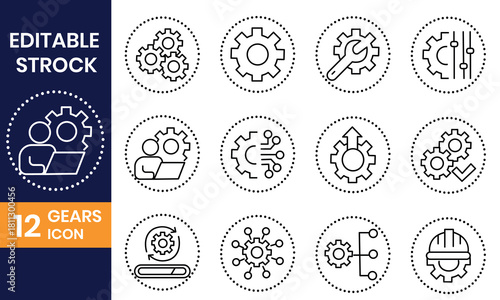 Gears icon set isolated on, featuring editable stroke, perfect for illustrating mechanical processes and engineering concepts