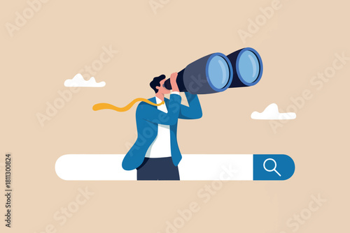 Businessman with binoculars above search bar; symbolizing search, vision, future, strategy, and digital discovery.