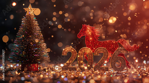 The symbol of the year is the red fire horse. We wish you a Happy New Year 2026. A luxurious poster or banner for your party and New Year's Eve.