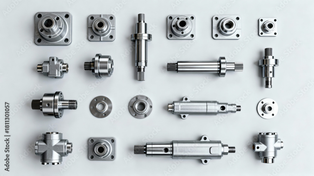 Obraz premium Detailed Arrangement of Industrial Metal Components and Machinery Parts on Gray Background