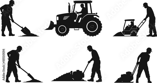 Black Silhouettes of Farmers and Construction Workers Operating Heavy Machinery, Driving a Tractor, Shoveling Dirt, and Compacting Soil Vector