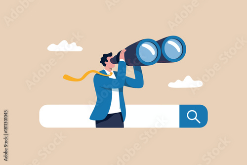 Businessman with binoculars and search bar, symbolizing finding opportunities, future vision, and market exploration