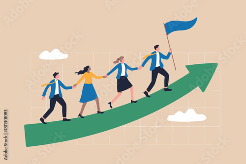 Business team walking up a green growth arrow, led by a man holding a flag, symbolizing leadership, progress, and collective success.