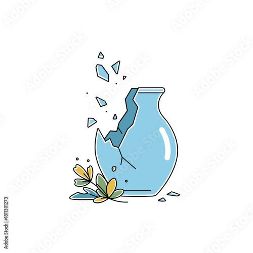 Broken Light Blue Vase with Scattered Shards and Small Flowers as a Symbol of Imperfection, Fragility and New Beginnings, minimalist vector illustration