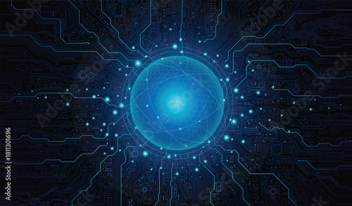 Global communication concept: A futuristic, glowing digital earth connected within a complex, high-tech circuit board network.
