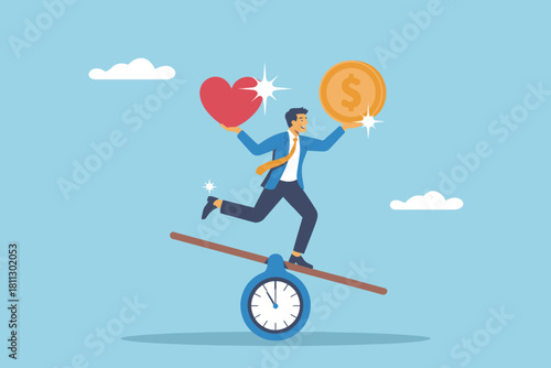 Work-life balance concept: businessman balancing love, money, and time on a clock seesaw illustration for goals