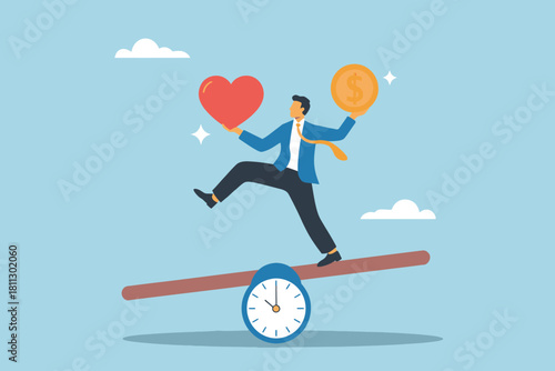 Work life balance concept with businessman balancing heart and money on a clock representing time management