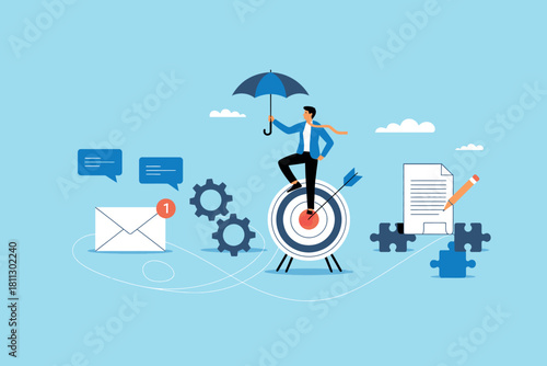 Businessman on target with umbrella, managing risks, achieving goals, surrounded by business communication and planning elements.